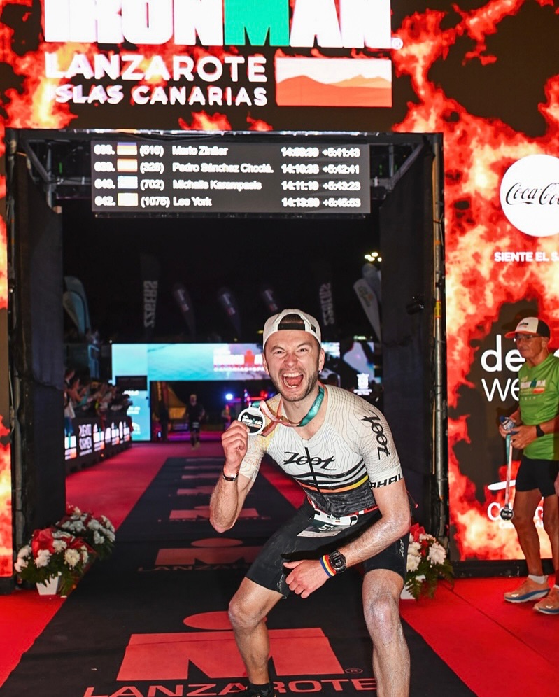 Crossing the finish line of a triathlon